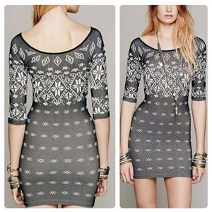 Free People Intimately Intarsia Printed 3/4 Sleeve Bodycon Mini Dress